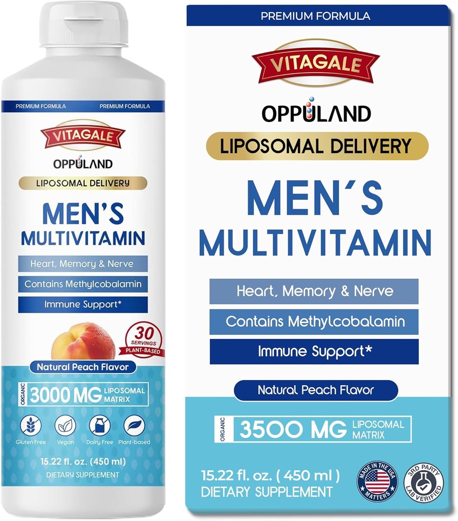 Mænds Multivitamin - Flydende tillæg - Liposomal Levering - Daglig Multi Vitamin med Biotin B Complex Omega-3 - Hår & Nail Support Vitamin - Peach Flavor - 3000 mg per servering - 450 ml