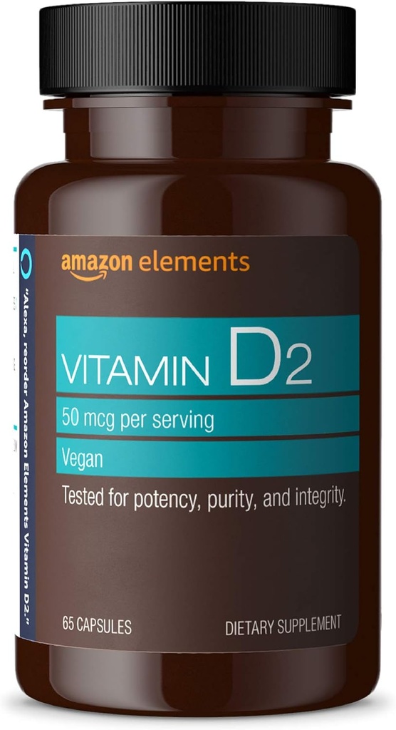 Elementer Vitamin D2 2000 IE, Vegan, 65 kapsler, understøtter stærke knogler og immunforsvar, 2 måneders forsyning (Emballage kan variere)