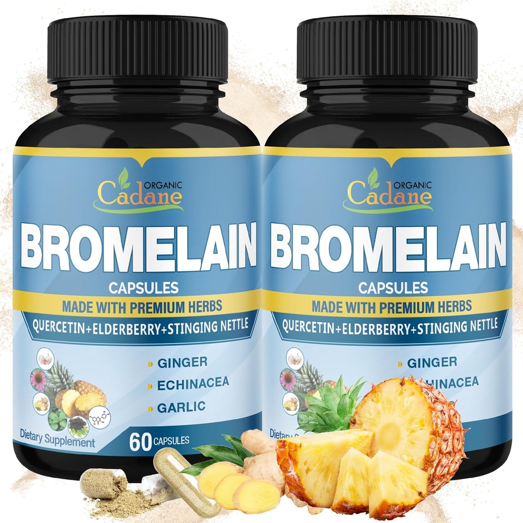 Organic Cadane 2 Pakker 60caps af bromelain kapsler, med bromelain, Quercetin, Elderberry, Ingefær, Echinacea, hvidløg, sort peber
