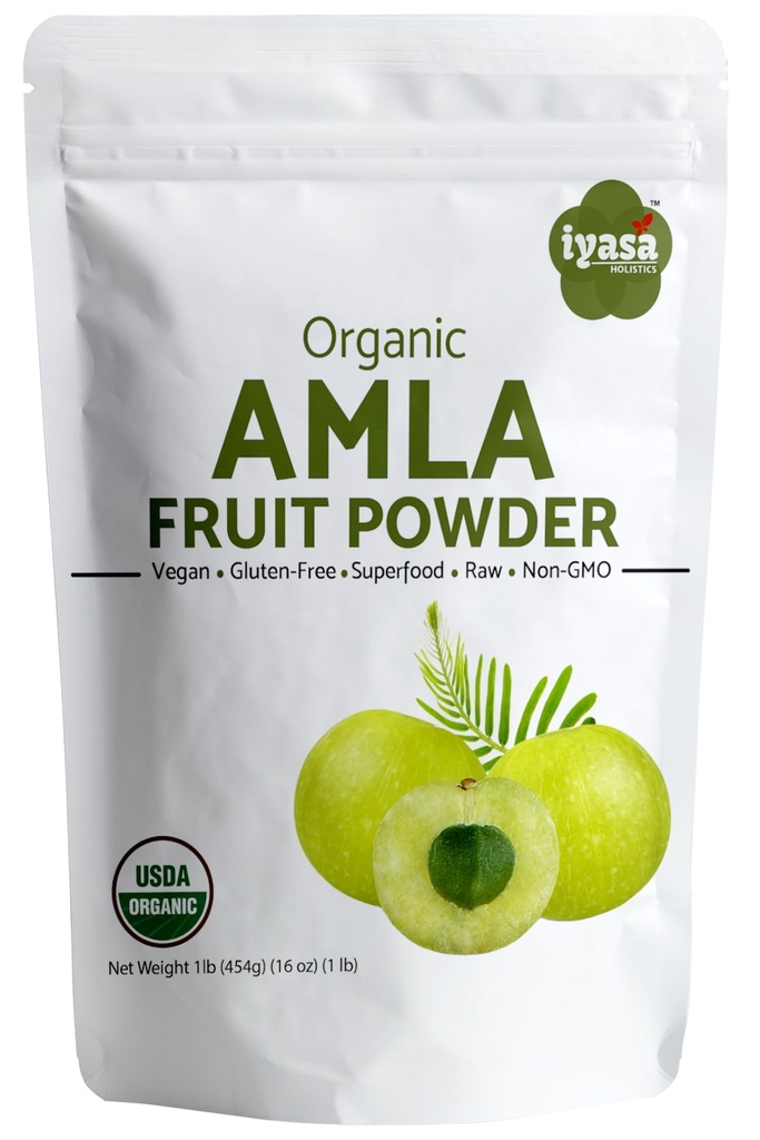 Iyasa Holtics Organic Amla Fruit Powder, Amalaki Berry Powder, 16 ounce / 452 gm, Raw Superfood til hud og hår, resealable Pouch