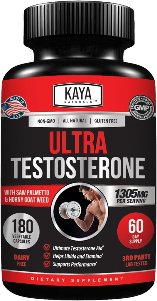 Kaya Naturals UltraTest- Mænd T Booster med Tongkat Ali, Horny Geat Weed, Tribulus - Natural workout supplement til energi, Stamina, og styrke Booster - 180 Greve