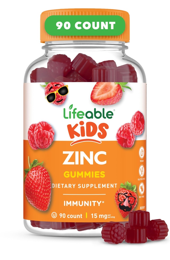 Livbare Zinkgummier til børn 124; 15mg-124; Great Tasting Kids Zinktillæg 124; GMO fri vegetar Zinkvitaminer 124; for sund hud og immunforsvar til børn og børn 124; 90 Gummies