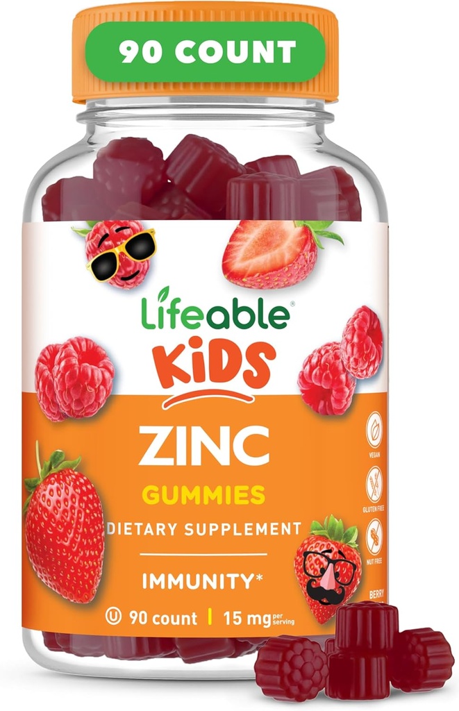 Livbare Zinkgummier til børn 124; 15mg-124; Great Tasting Kids Zinktillæg 124; GMO fri vegetar Zinkvitaminer 124; for sund hud og immunforsvar til børn og børn 124; 90 Gummies