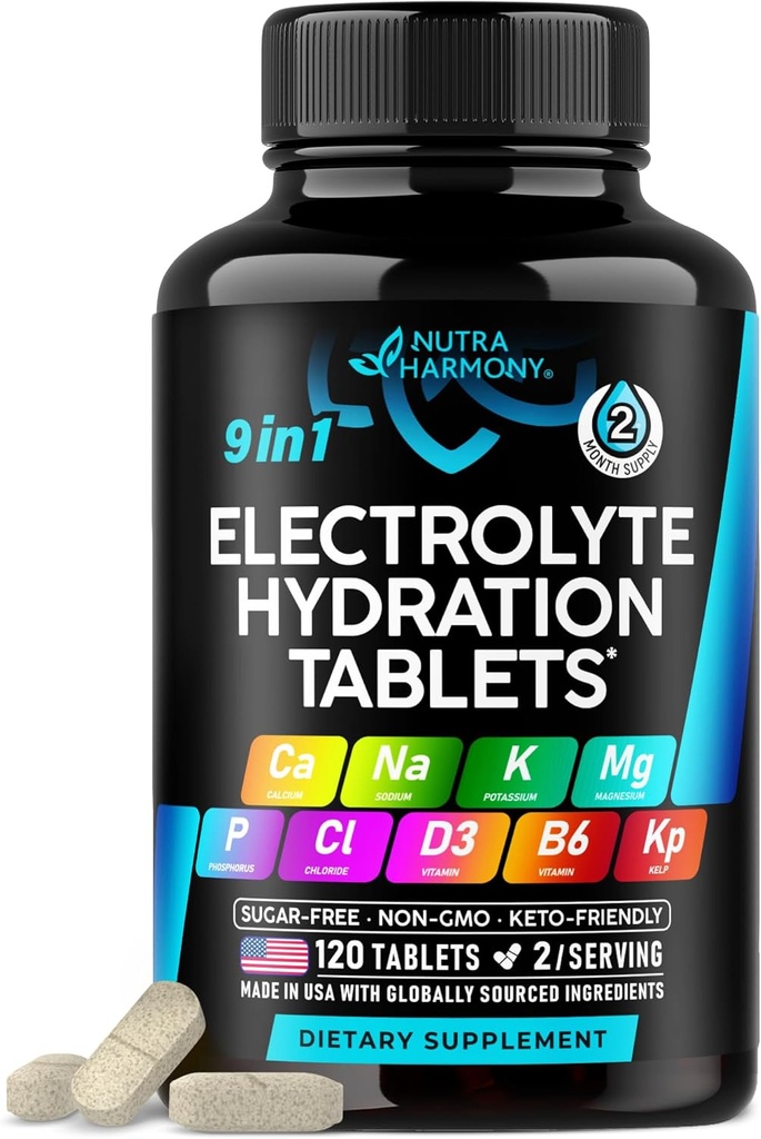 Elektrolyter - Elektrolyte tabletter med Magnesium, natrium, kalium, chlorid, vitaminer D3 & B6, kelp pulver - salt piller - Lavet i USA - Oral tabletter som kapsler - Vegan & Keto Friendly - 120 tabletter