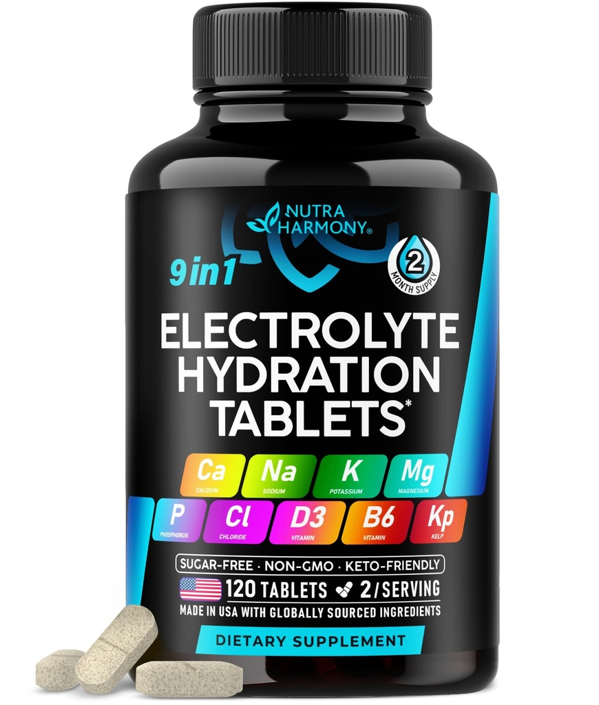 Elektrolyter - Elektrolyte tabletter med Magnesium, natrium, kalium, chlorid, vitaminer D3 & B6, kelp pulver - salt piller - Lavet i USA - Oral tabletter som kapsler - Vegan & Keto Friendly - 120 tabletter