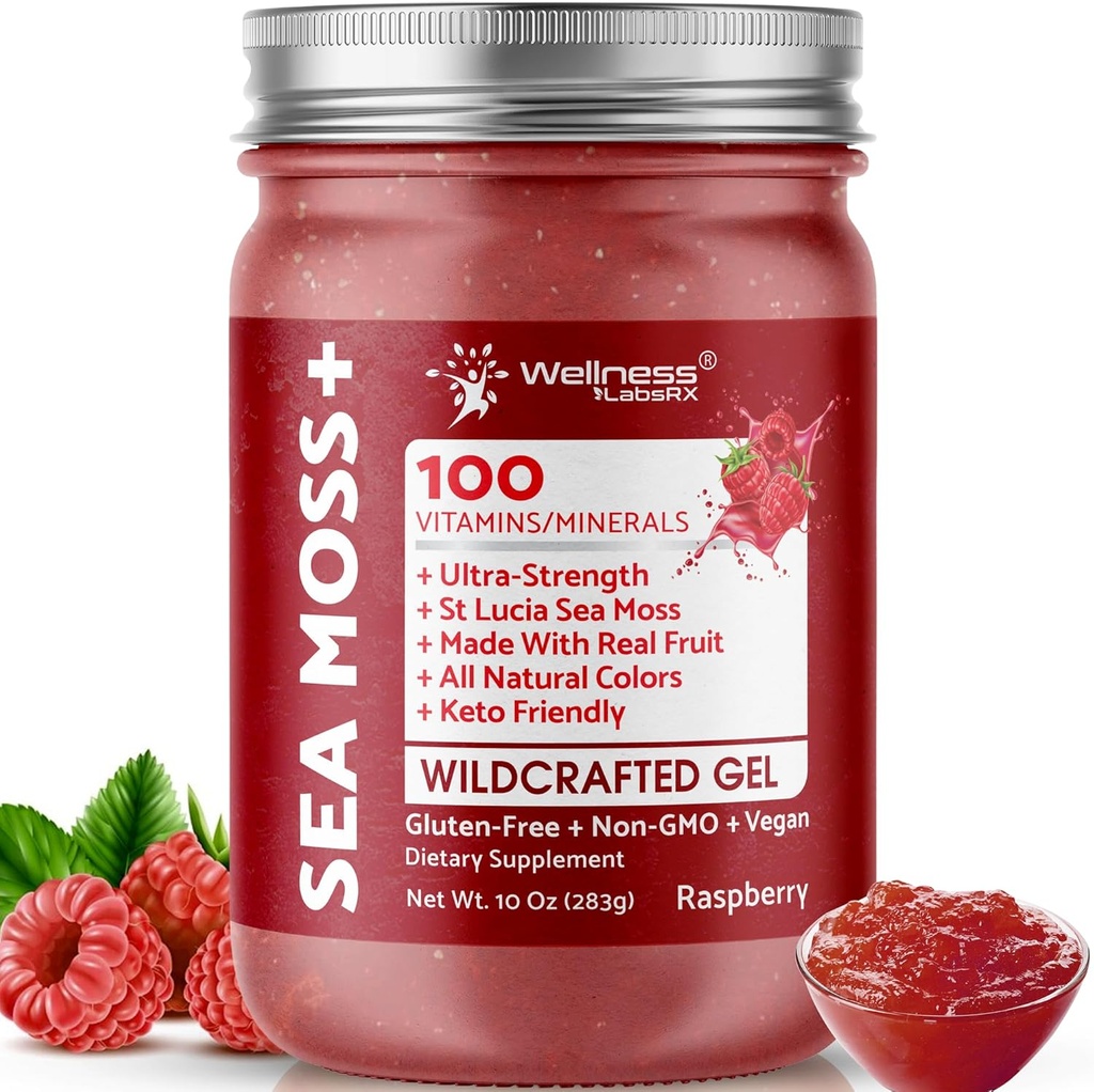 WELLENess LABSRX Irish Sea Moss Gel Raw - Fremstillede Superfood Seamoss Gel - Raspberry Flavor, Vitamin og Mineral- Rich fra Pristine Caribbean Waters, Immunitet og fordøjelsessygdomme support - 10 oz.