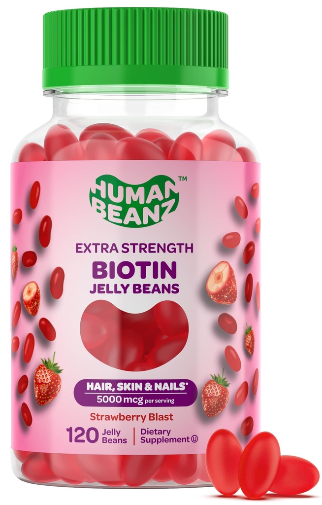 Biotin Jelly Bean Gummy Vitaminer, Ekstra Styrke Biotin til hår, hud og negle, 5000mcg per servering, Hårvækst Vitaminer til mænd og kvinder, 120 Strawberry Blast Jelly Beans, Kosher