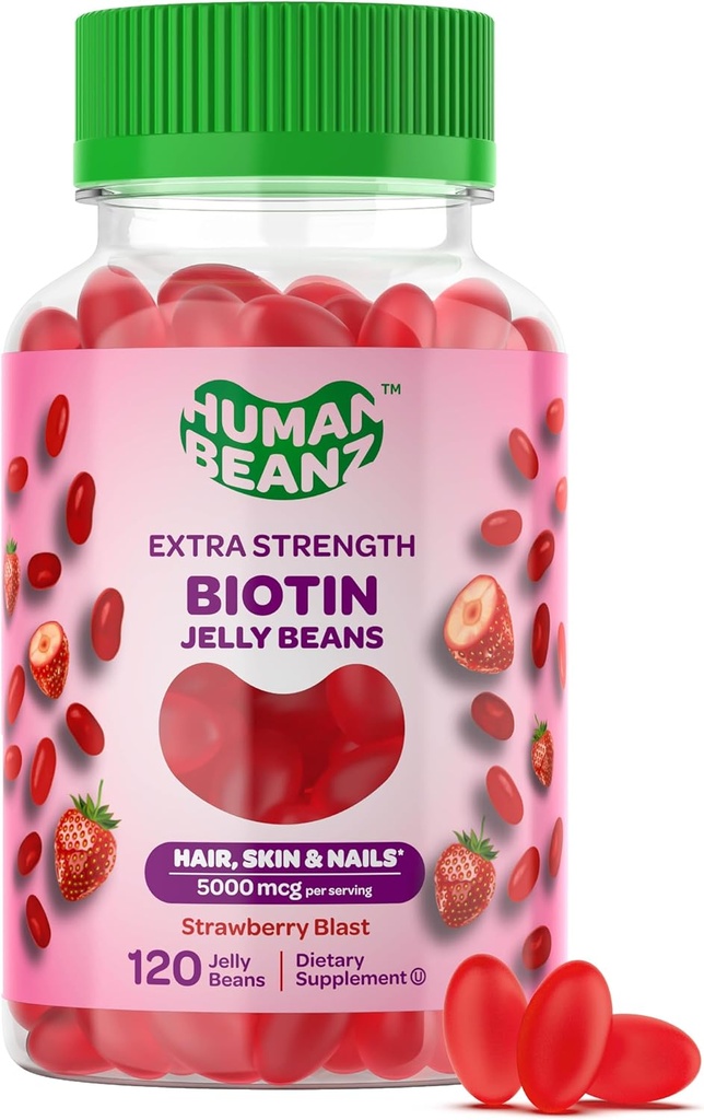 Biotin Jelly Bean Gummy Vitaminer, Ekstra Styrke Biotin til hår, hud og negle, 5000mcg per servering, Hårvækst Vitaminer til mænd og kvinder, 120 Strawberry Blast Jelly Beans, Kosher