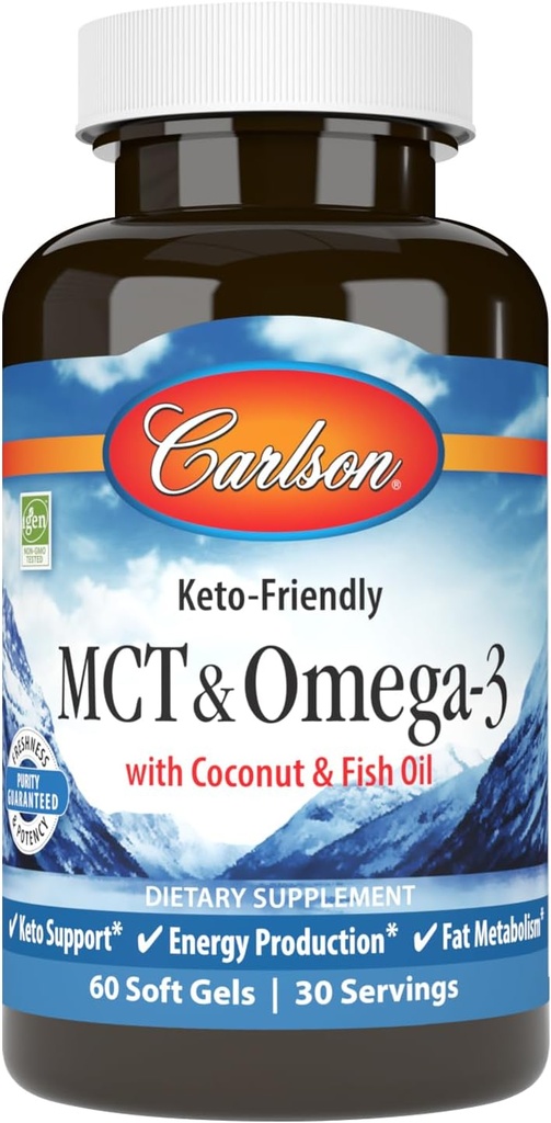 Carlson - MCT & Omega-3, Coconut Oil, Caprylic & Capric Acids, EPA & DHA, Energy Production, Fat Metabolism & Brain Health, 60 Softgels