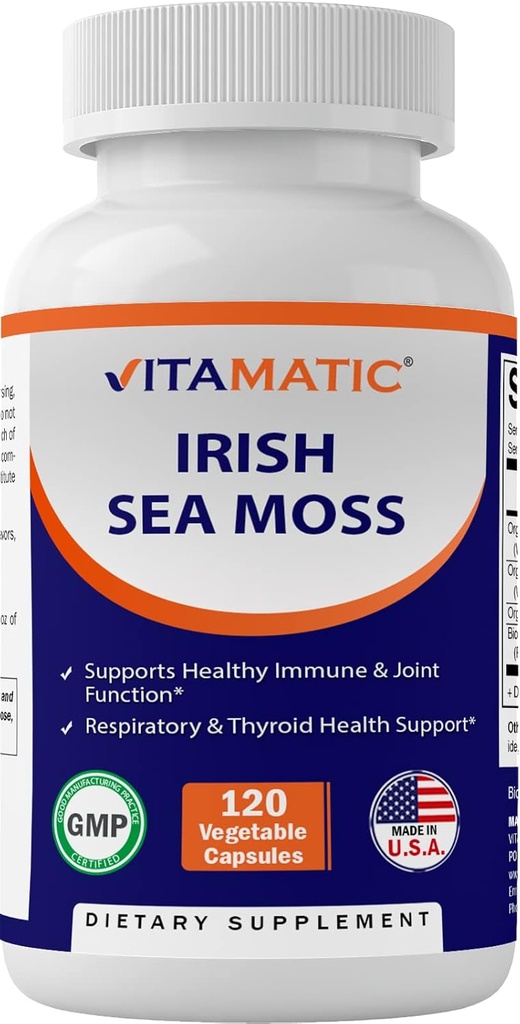 Vitamatic Irish Sea Moss - 120 vegetariske kapsler fremstillet med Bladderwrack & Burdock Root - Seamoss supplement til Thyroid, Energi & immunforsvar