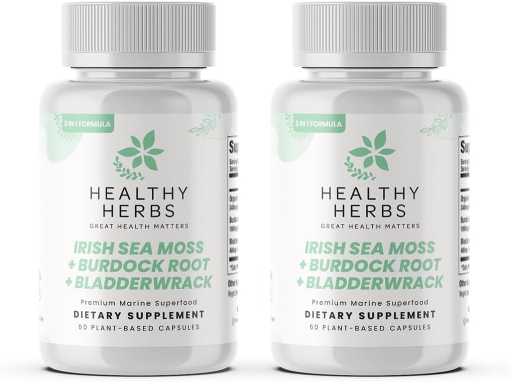 Sunde urter Wildcrafted Sea Moss Capsules ttesmå 124; 2280mg Advanced Ocean Greens Complex Irish Sea Moss Superblend ttesmå 124; US- Made, Vegan, Non- GMO, Easy- Swallow (2- Pack)