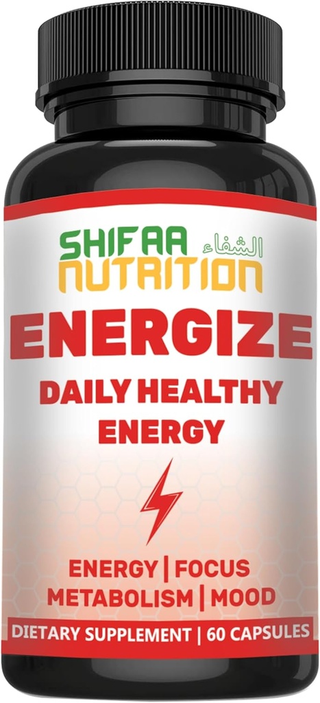 SHIFAA NUTRITION Energize, Natural Daily Energy Vitamins | Jitter-Free, 60 Servings | Supports Focus, Mood, Brain, Metabolism | w/Caffeine & Taurine, B1, B2, B5, B6, B7, B9, B12 Halal Vitamins