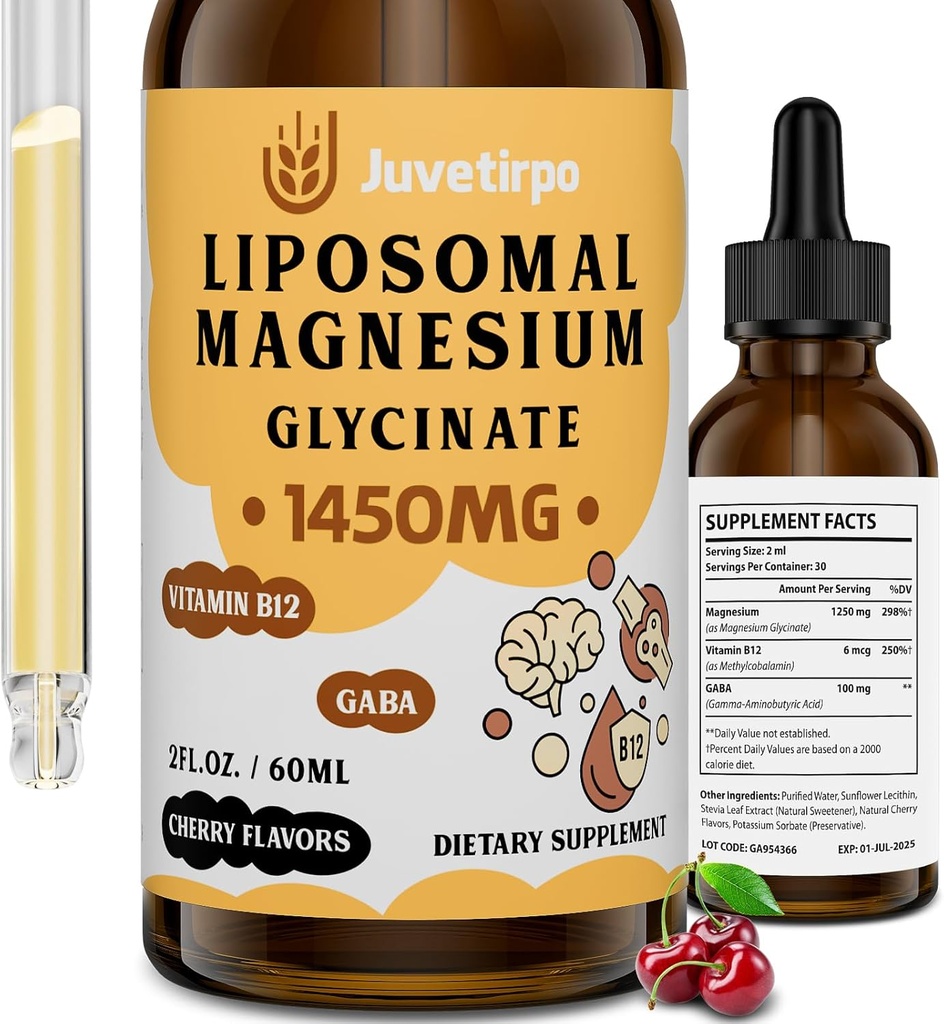 Magnesium Glycinate Liquid Drops - Liposomal Chelate med Cherry Flavor for Easy Absorption, Promoes Sleep, Mood, Intestinal & Bone Health, Reducerer stress - 60ML (2,04 Fl Oz (pakke med 1))