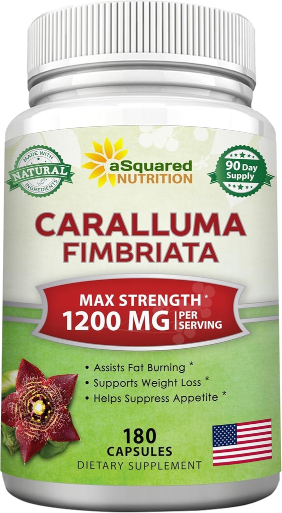aSquared Nutrition Caralluma Fimbriata 1200mg - 180 Kapsler, Natural Extract Weight Loss Diet Pill Kosttilskud, Plant Root Appetite Suppressant & Pure Energy Booster, Max Strength Slim Lean Fat Burn