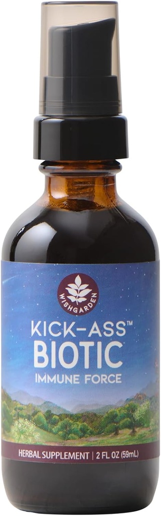 WishGarden Herbs Kick- Ass Biotic Immun Hero - Plant- Based Herbal Biotic Formel med Usnea Lichen, Humle, Echinacea & Goldenseal, Understøtter sund Immunation, Luftveje & Lymph System Funktion, 2oz