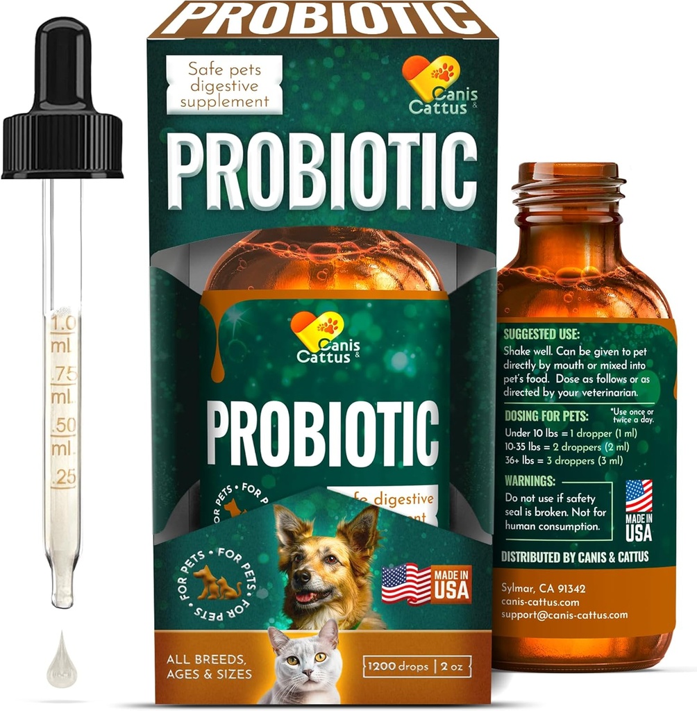 Canis & Cattus Probiotika til katte - Flydende kat Probiotika med fordøjelsesenzymer til gas, bloating, Diarré & Opsat Mave - Easy- Mix Drops - 2 oz