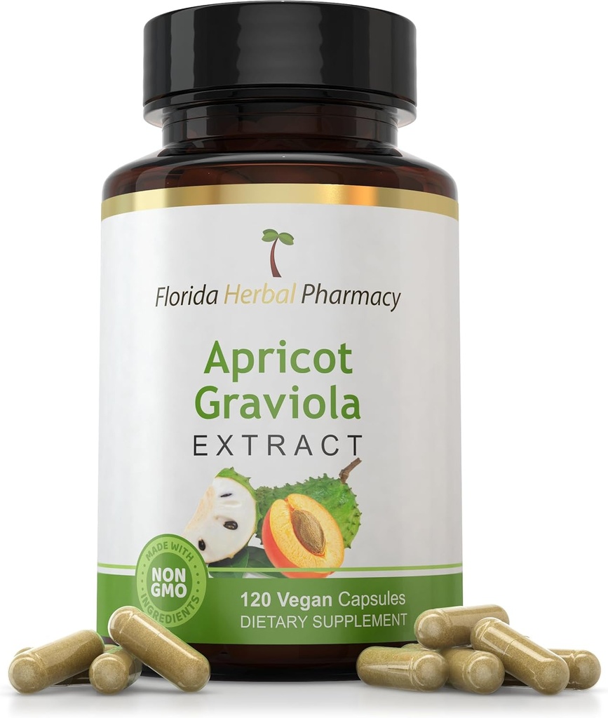 Florida Herbal Pharmacy, Aprikot- Graviola Supplement kapsler 10: 1 (120 kapsler) 500 mg per kapsel, 1000 mg servering (pakning med 1)