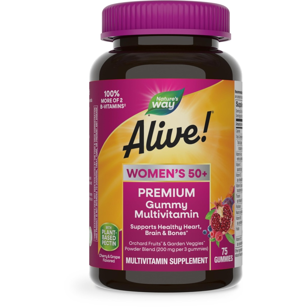 Nature’s Way Alive! Women's 50+ Premium Gummy Multivitamin Supplement, Supports Heart, Brain & Bones*, B-Vitamins, Vegetarian, Grape and Cherry Flavored Gummy Vitamins, 75 Gummies (Packaging May Vary)