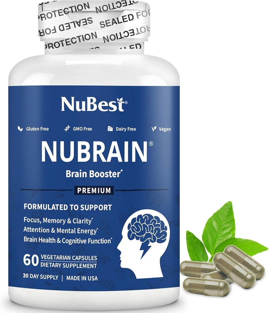 NuBrain Booster - Brain Supplement for Brain Booster, Memory, Focus & Clarity Support med St. John 's Wort, Ginkgo Biloba, Bacopa & More - 60 Veganske Kapsler