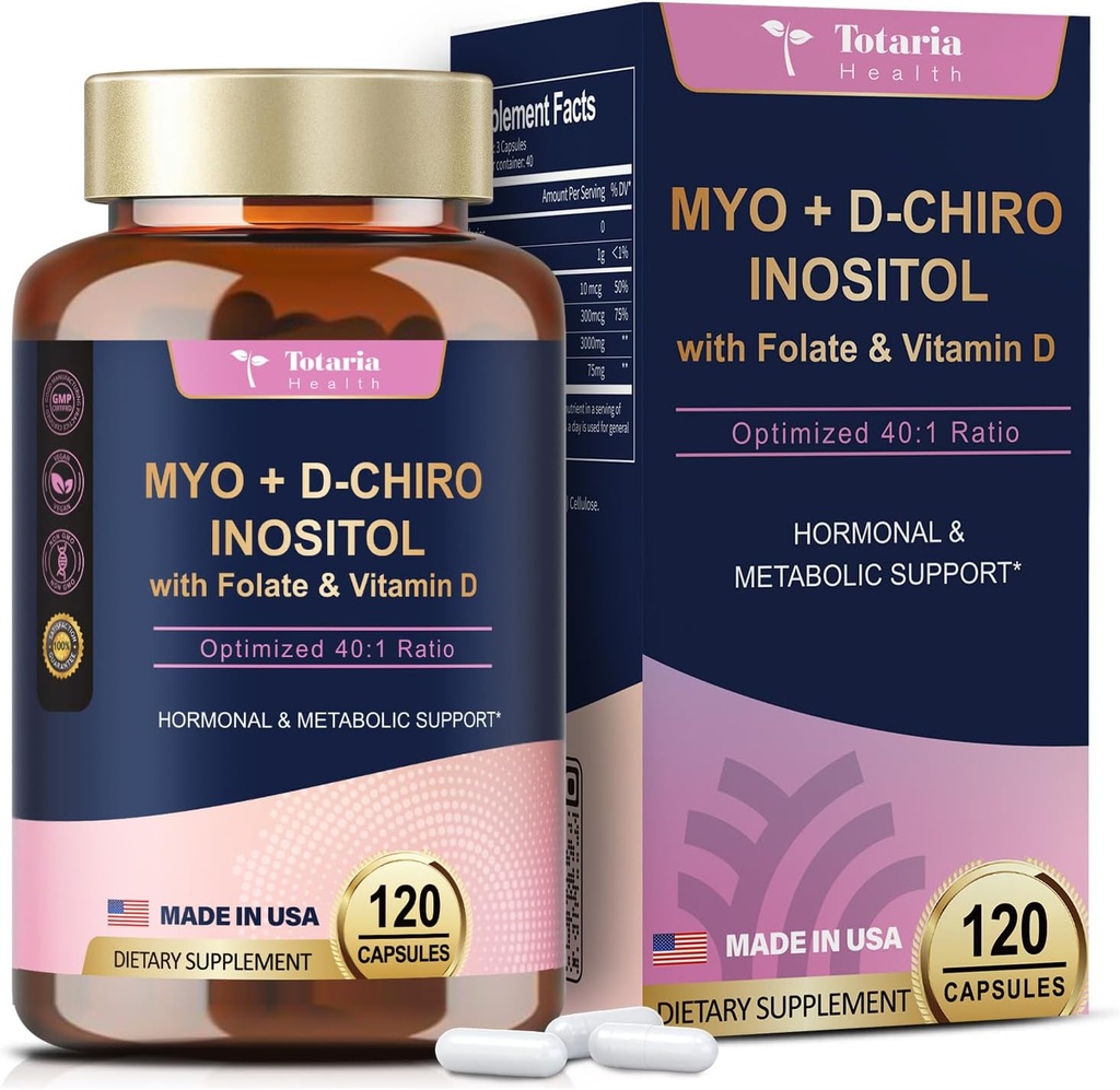 Totaria Inositol Supplement for kvinder med vitamin D3, Folate, 40: 1 Ratio Myo- Inositol 3000mg & D- Chiro Inositol 75mg Complex, Vitamin B8 Inositol Supplement for kvinder Hår, Negle, Hud Sundhed