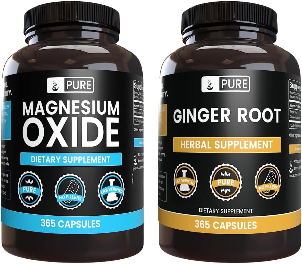 Pure Original Ingredients Magnesium Oxide and Ginger Root Bundle, 365 Capsules Each, No Fillers, Always Pure