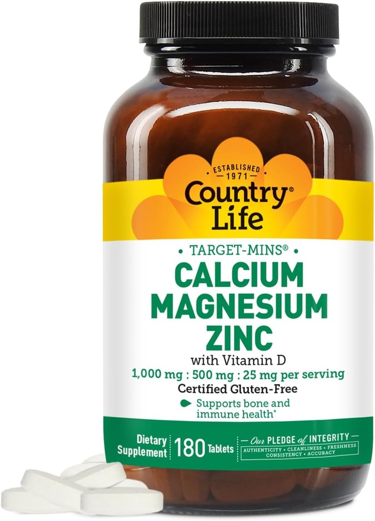 Country Life Calcium Magnesium Zink med vitamin D3 og L- Glutaminsyre, Kosttilskud til benstøtte, Certificeret gluten fri, 1000mg / 500mg / 25mg, 180 tabletter