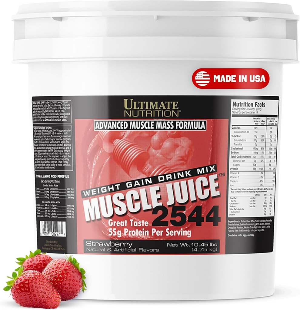 Ultimate Nutrition Muscle Juice, Vægt Gain Drink Mix - Mass Gainer Workout Powder for Mænd & Kvinder - Supplement til Lean Muscle Growth & immunsupport med 55g Protein - Jordbær, 10.45lb