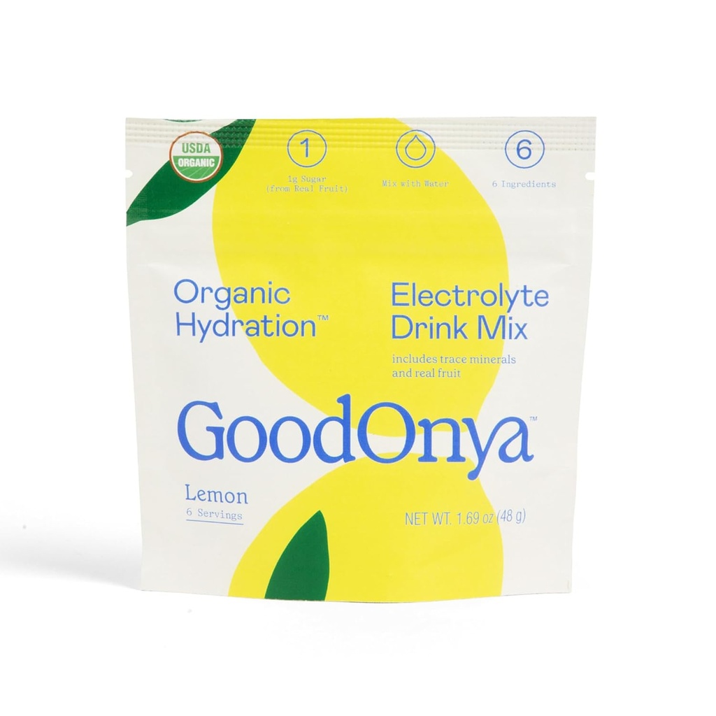 GOODONYA Organic Hydration Electrolyte Drink Mix, Certified Organic Hydration Powder, Non-GMO, Biochecked Glyphosat Free, Low Sugar, Lemonade Flavor, Ingen Kunstig Smag, 6 Servere