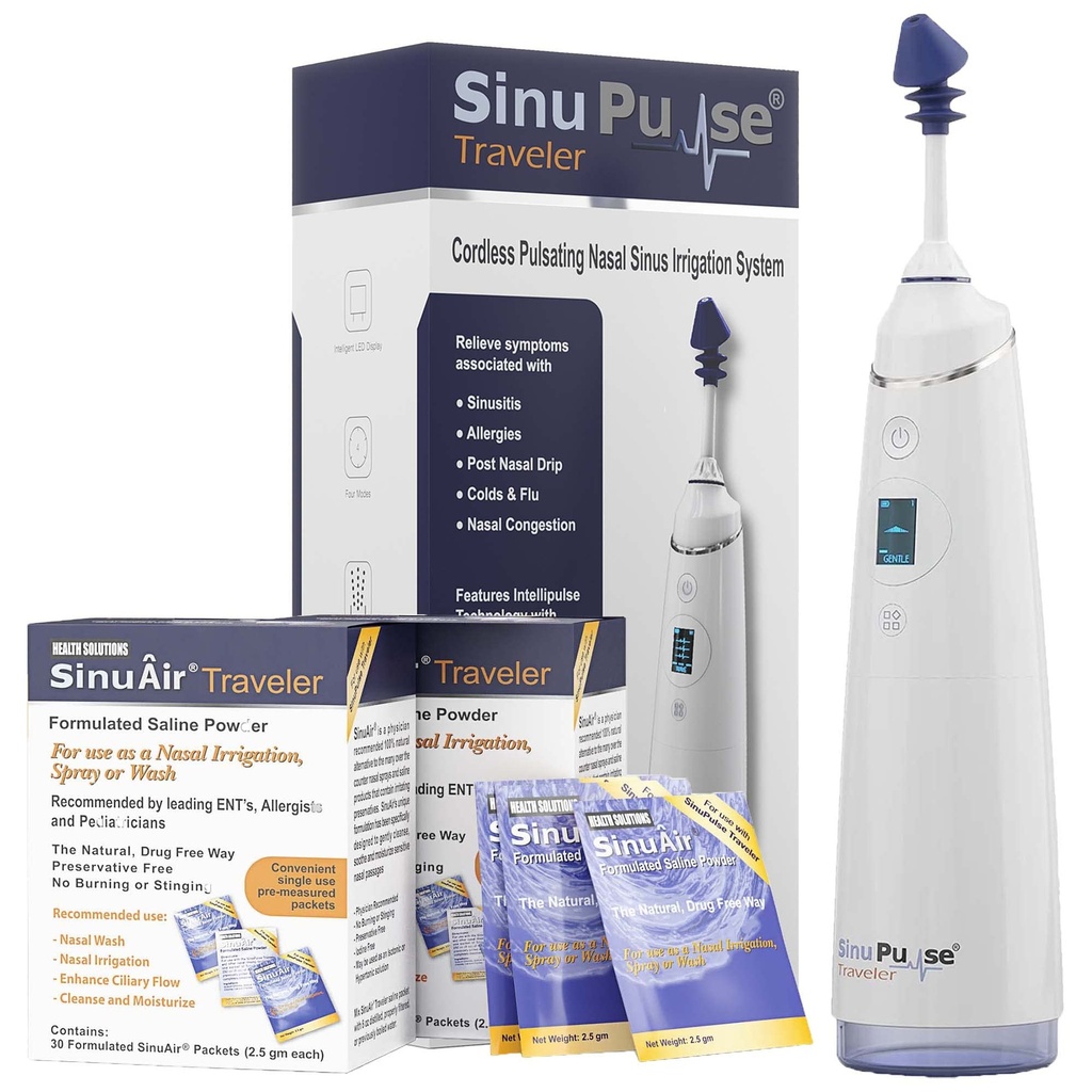 SinuPulse Traveler med 90 Sinuair Packets - Cordless Pulserende Nasal kunstvanding Sinus Rinse System, Space Saving Cleaner & Relief Machine til Rejser, mere effektiv end Neti Pot eller Næse Spray Flaske