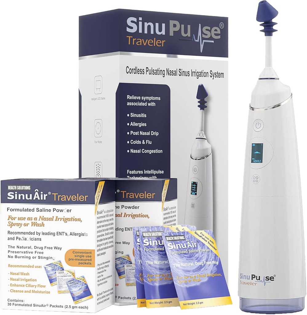 SinuPulse Traveler med 90 Sinuair Packets - Cordless Pulserende Nasal kunstvanding Sinus Rinse System, Space Saving Cleaner & Relief Machine til Rejser, mere effektiv end Neti Pot eller Næse Spray Flaske
