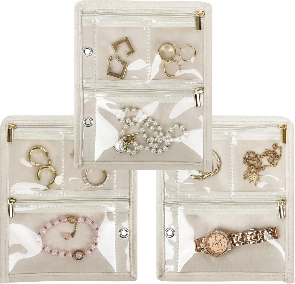 Rejse Smykker Organizer sag, Smykker Tasker Smykker Opbevaring bog Binder med Clear Zipper Velvet Pouch for Traveling, øreringe, ringe, halskæde, armbånd (Indre sider, Beige, 3 PCS)