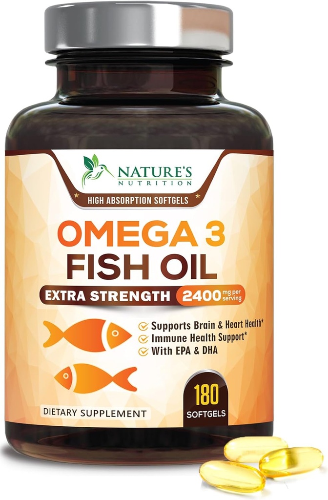 Omega 3 Fish Oil 2400 mg – Triple Strength EPA & DHA Fatty Acids for Heart, Brain & Joint Support – Wild-Caught, Burpless, Lemon Flavor Supplement – Natural, Non-GMO, Gluten-Free – 180 Softgels