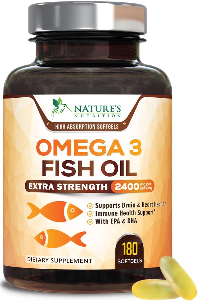 Omega 3 Fish Oil Supplements - 2400mg Fish Oil Per Serving - Triple Strength Omega-3 with EPA & DHA Fatty Acids - Natural Heart, Brain & Immune Support - Wild Caught, Bottled in USA - 180 Softgels