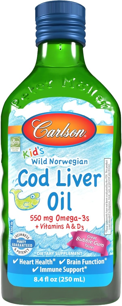 Carlson - Kid 's Cod Lever Oil, 550 mg Omega- 3s, Vitamin A & D3, Wild Norwegian, Bubble Gum, 250 ml