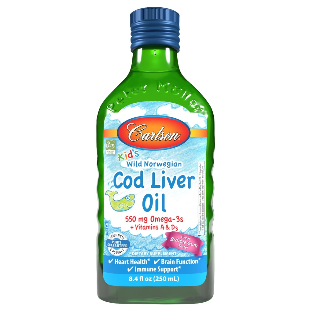 Carlson - Kid 's Cod Lever Oil, 550 mg Omega- 3s, Vitamin A & D3, Wild Norwegian, Bubble Gum, 250 ml