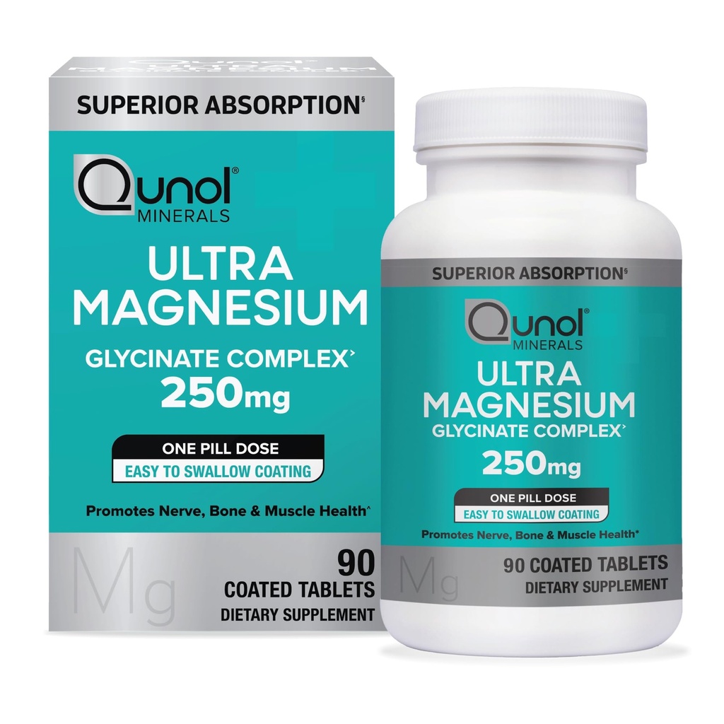 Qunol Magnesium Glycinate Complex, Adtle on Mave, 250 mg One Pill Dosis, Superior- Absorption Magnesium, Nerve, Knogler og Muscle Health Supplement, 90 Greve (pakke med 1)