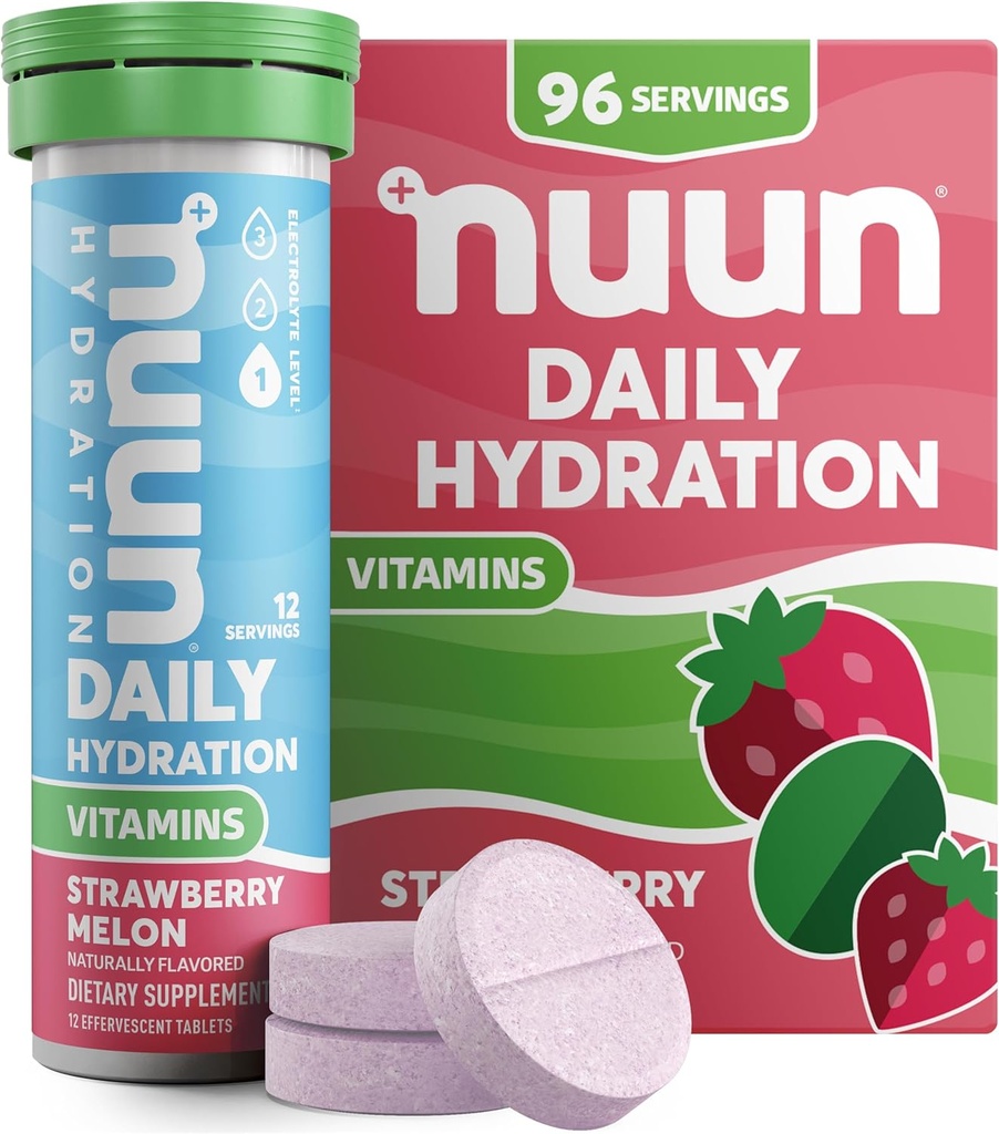 Nuun Vitamin Electrolyte tabletter med D-vitamin, C, E, A, & B6, folinsyre, Magnesium & 4 Andre essentielle elektrolytter, Gluten Free & Vegan, Jordbær Melon, 8 Pack (96 Servering i alt)