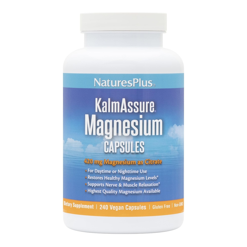 Natures Plus KalmAsure Magnesium - 240 Vegankapsler - Højt biotilgængeligt Magnesium Citrate - Understøtter nerve & muskelafslapning - 60 Servering