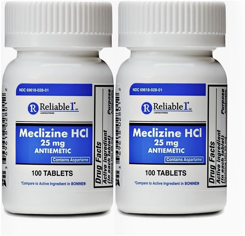 Reliable-1 Laboratories Meclizine 25 mg Generic Bonine Motion Sickness (100 Chewable Tablets Each (2-Pack) - Prevent Nausea, Vomiting, and Dizziness Caused by Motion Sickness
