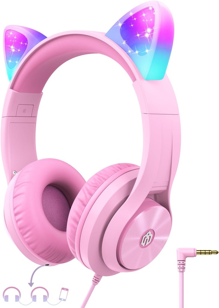 iClever Kids hovedtelefoner med Cat Ear Led Light Up, Safe Volume Limite, FunShare, Foldbar, Over- Ear hovedtelefoner til børn til skole / iPad / Tablet / Rejser, Meow Donut- Pink