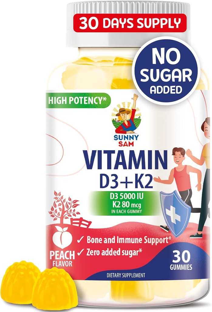 Sugar- Free Vitamin D3 K2 Gummies 5000 IE - Immun- Bone Support Gummies - Vitamin D Gummies supplement til voksne - Høj- Absorption, Vegan, Halal, Gluten- Free Chewable Vitaminer