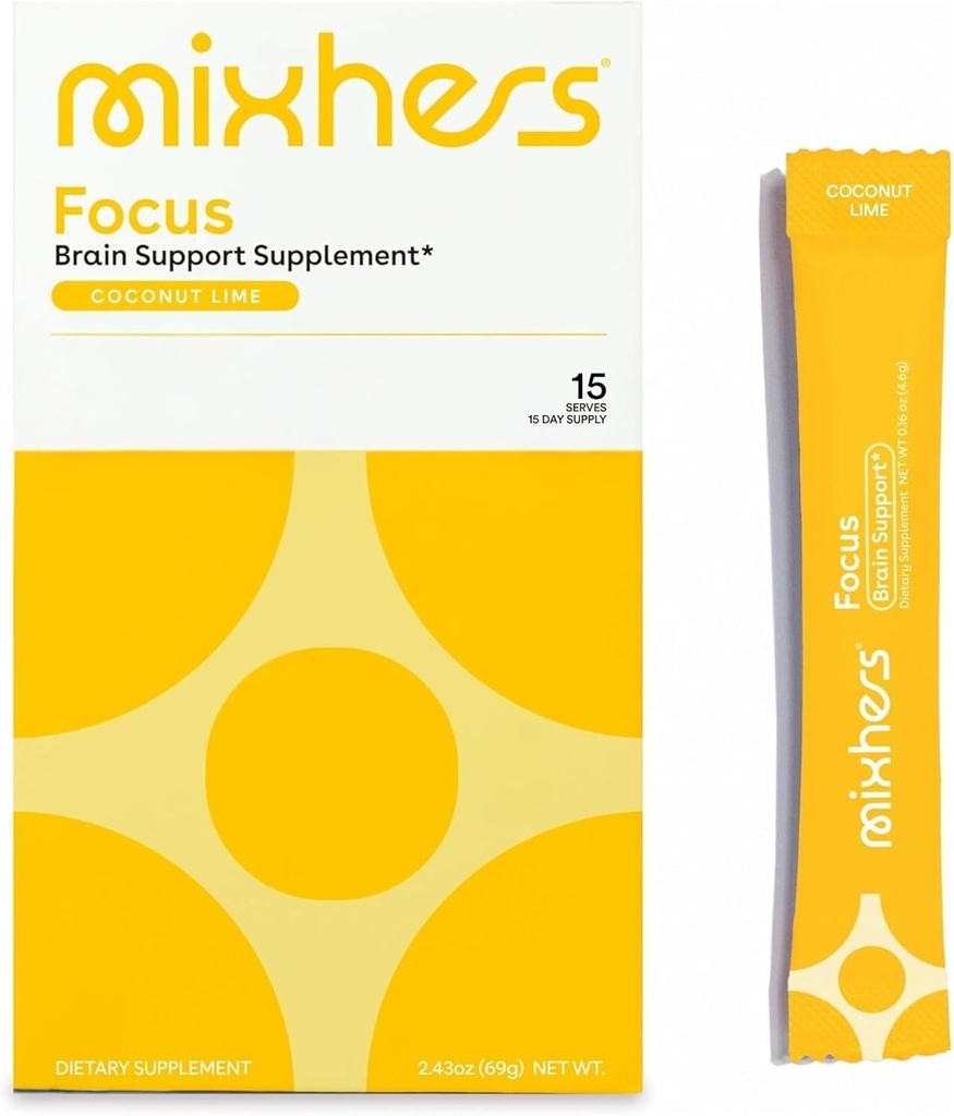 MIXHERS Focus Brain Support Supplement 124; Coffeine- Free Note 124; Natural Ingredients for Cognitive Clarity, Concentration, & Hydration; 124; Coconut Lime Flavor