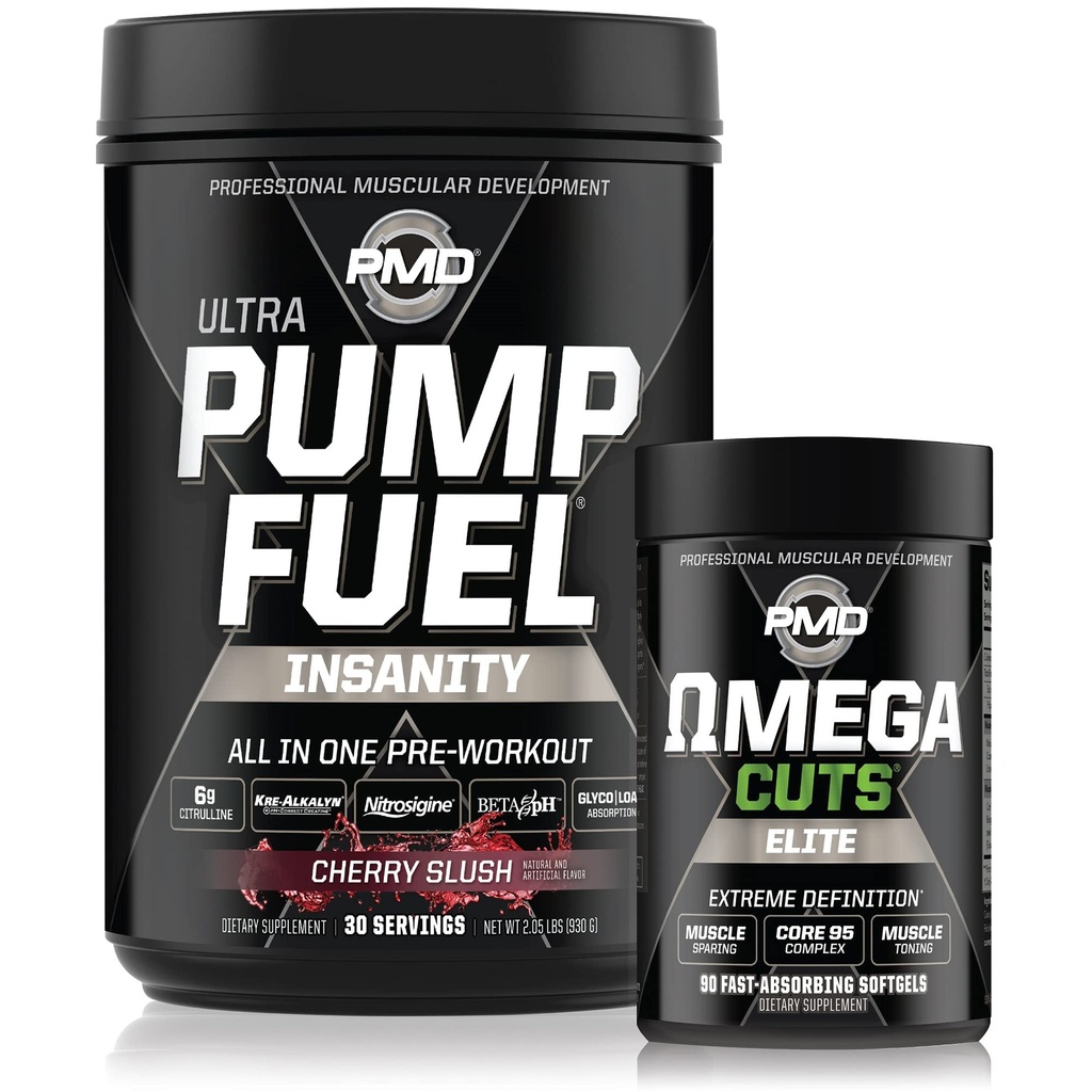 PMD Sport Ultra Pump Fuel Insanitet - Pre Workout - Cherry Slush (30 Servere) Sport Omega udskæringer Elite termogene Fat Burner (90 Softgels)