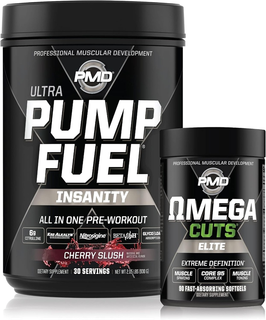PMD Sport Ultra Pump Fuel Insanitet - Pre Workout - Cherry Slush (30 Servere) Sport Omega udskæringer Elite termogene Fat Burner (90 Softgels)
