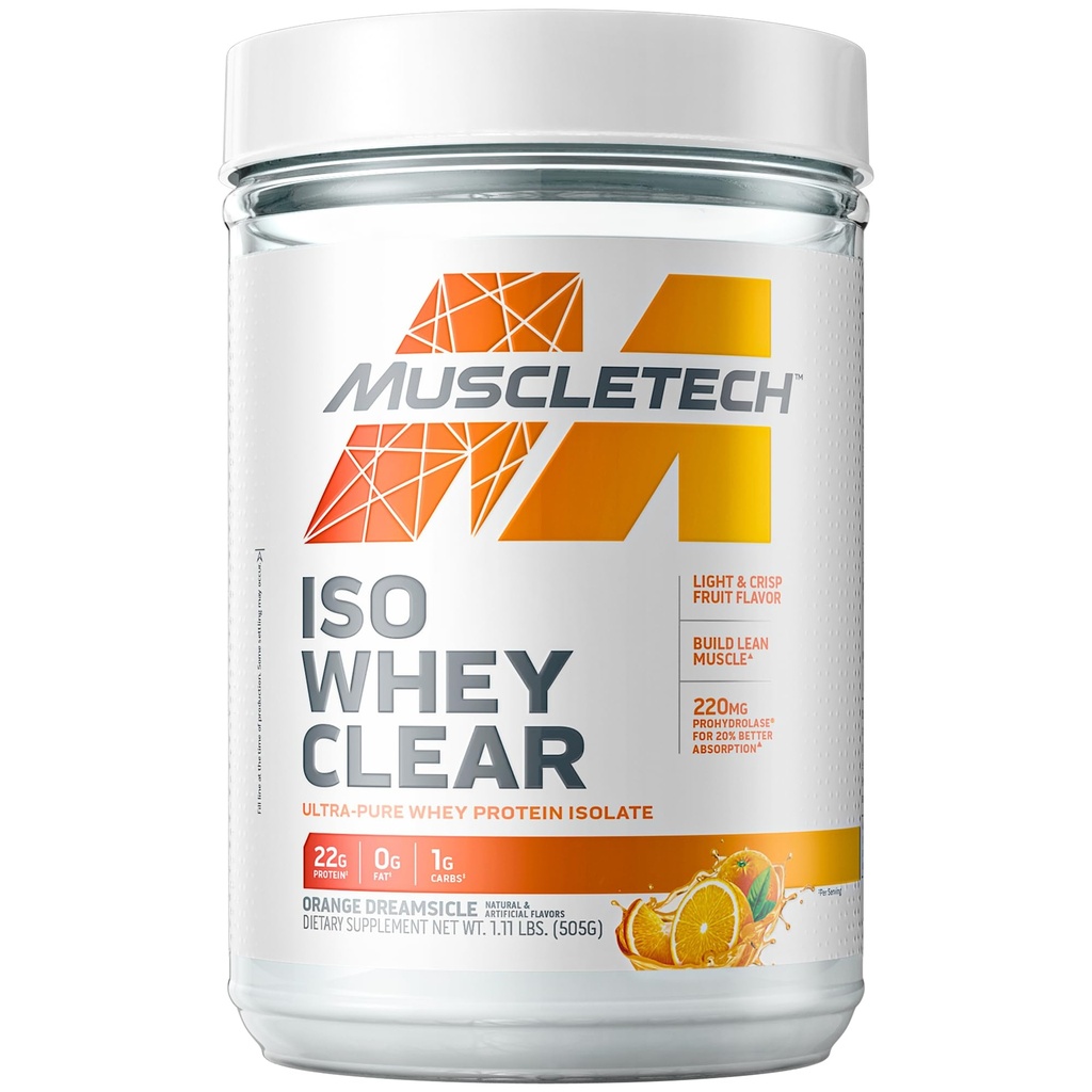 MuscleTech Whey Protein Powder Clear Whey Protein Isolate Whey Isolate Protein Powder for Women & Men Clear Protein Drink 22g Protein, 90 Kalorier Orange Dreamsicle, 1.1lb (19 Servere)
