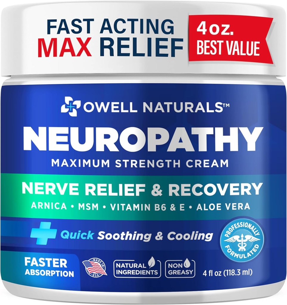 Owell Naturals Neuropati Nerve Relief Cream, Maksimal styrke, Greasless, Natural Ingredients Arnica, Aloe Vera, MSM, Vitamin B6 for Feet, Hands, Legs, Toes Discomfort, 4 Fl Oz (Pack of 1)
