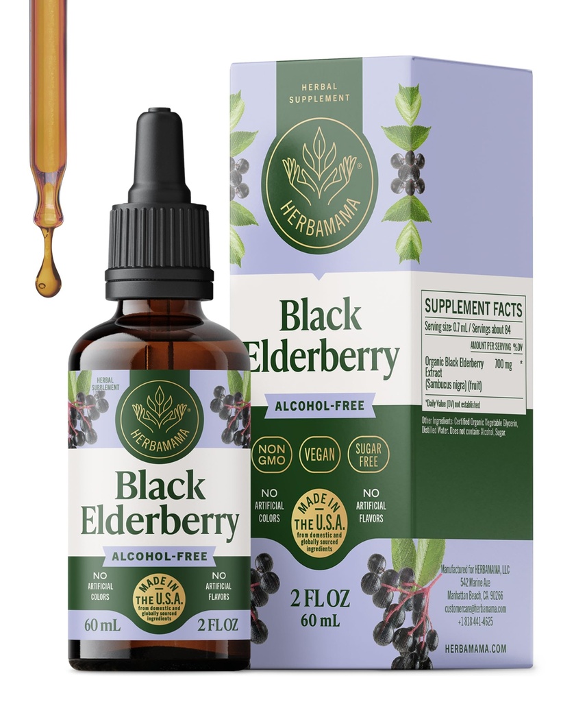 HERBAMAMA Black Elderberry Drops - Vegan Elderberry Liquid Extract for Immune Support - Non-GMO, Alcohol & Sugar-Free Immunity Supplement, 21-Day Supply