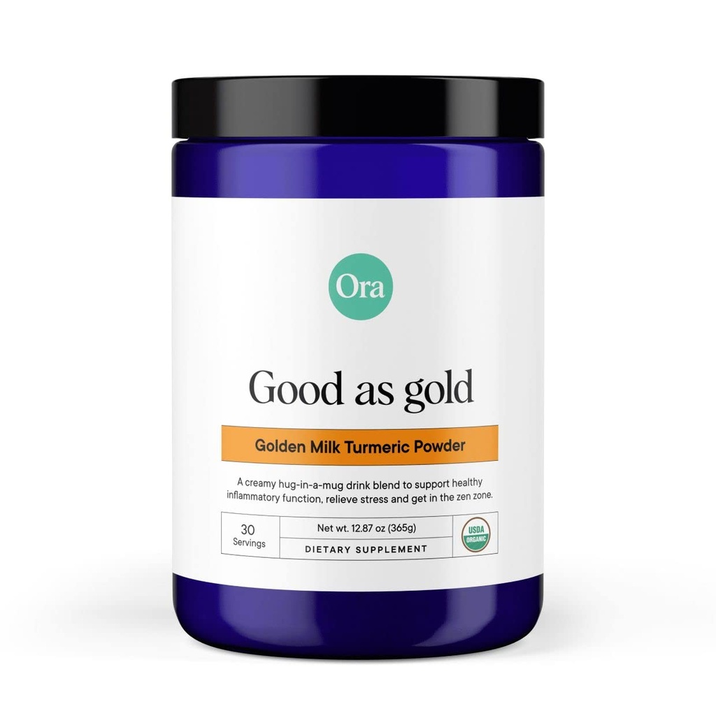 Ora Organic Golden Milk Powder - Ayurvedic Turmerisk Powder med Organic Adaptogens - Ashwagandha, Reishi og Gingefær 124; Organic, Gluten- Free, Soy- Free, Vegan, Non- GMO - Maple & Vanilla, 30 Servering