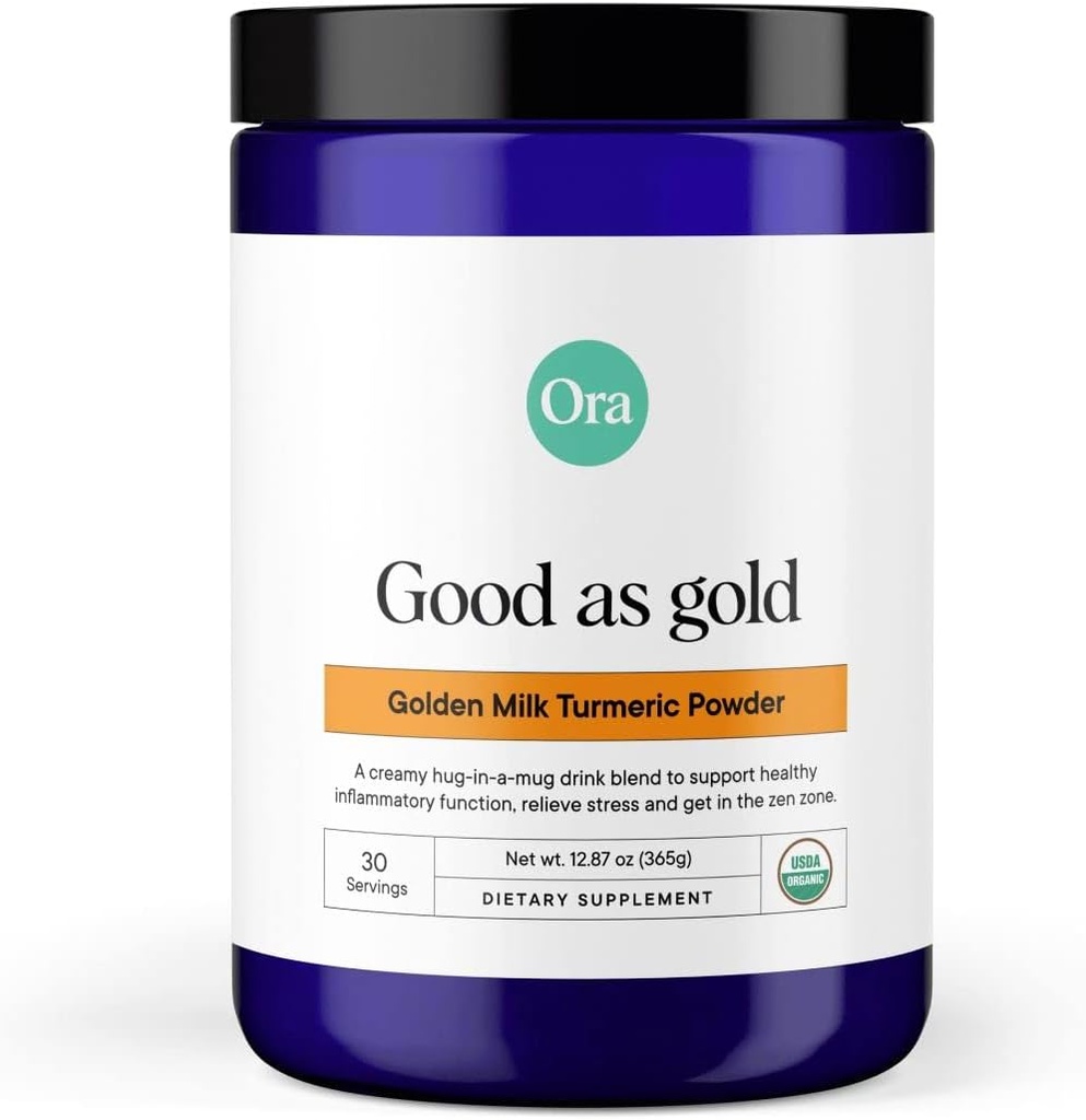 Ora Organic Golden Milk Powder - Ayurvedic Turmerisk Powder med Organic Adaptogens - Ashwagandha, Reishi og Gingefær 124; Organic, Gluten- Free, Soy- Free, Vegan, Non- GMO - Maple & Vanilla, 30 Servering