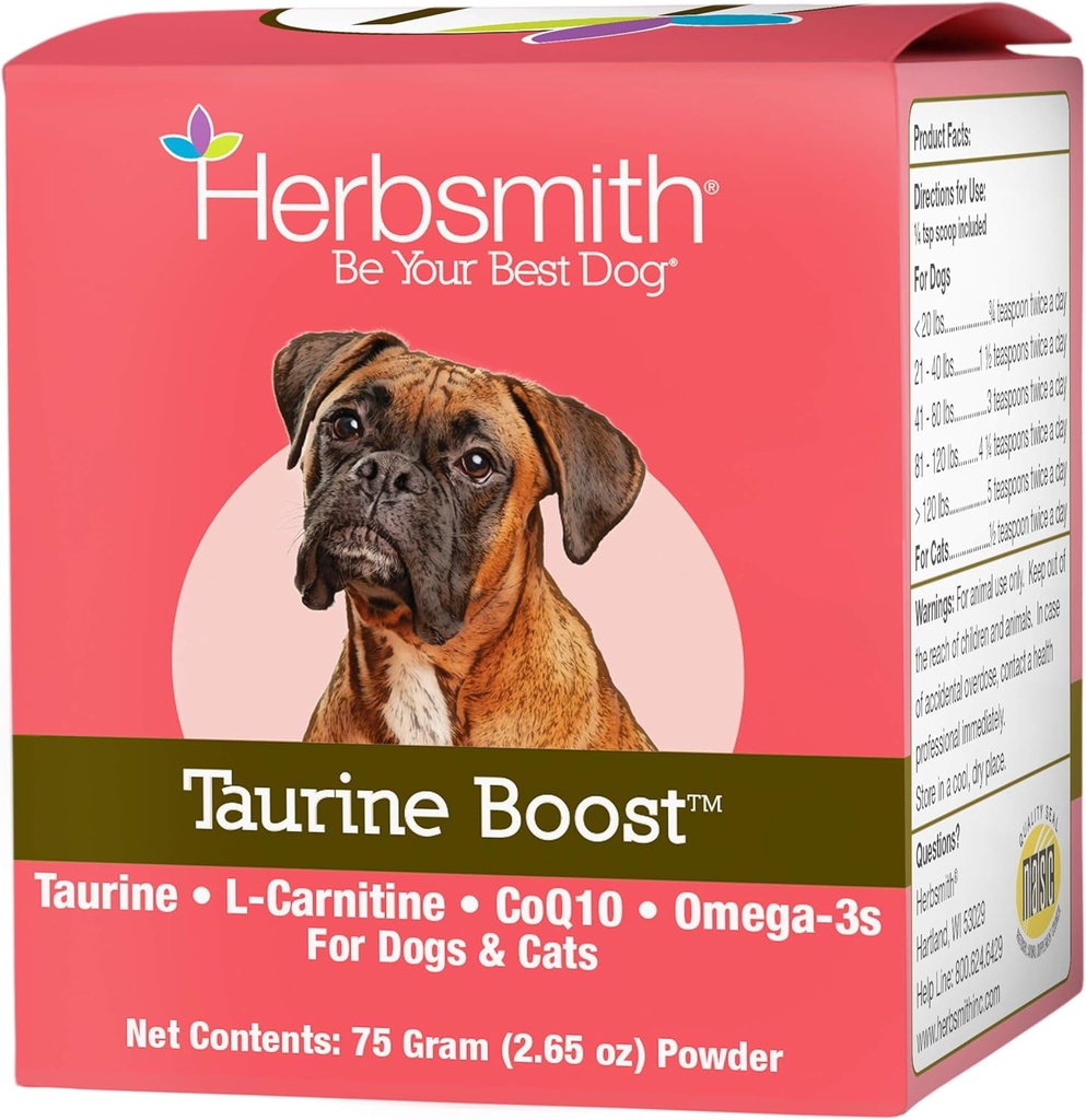 Herbsmith Taurine Boost - hjerte og hjerte støtte til hunde og katte - Taurine supplement til hund og kat hjerte sundhed - med CoQ10, Taurine og L-carnitin til hunde - 75g